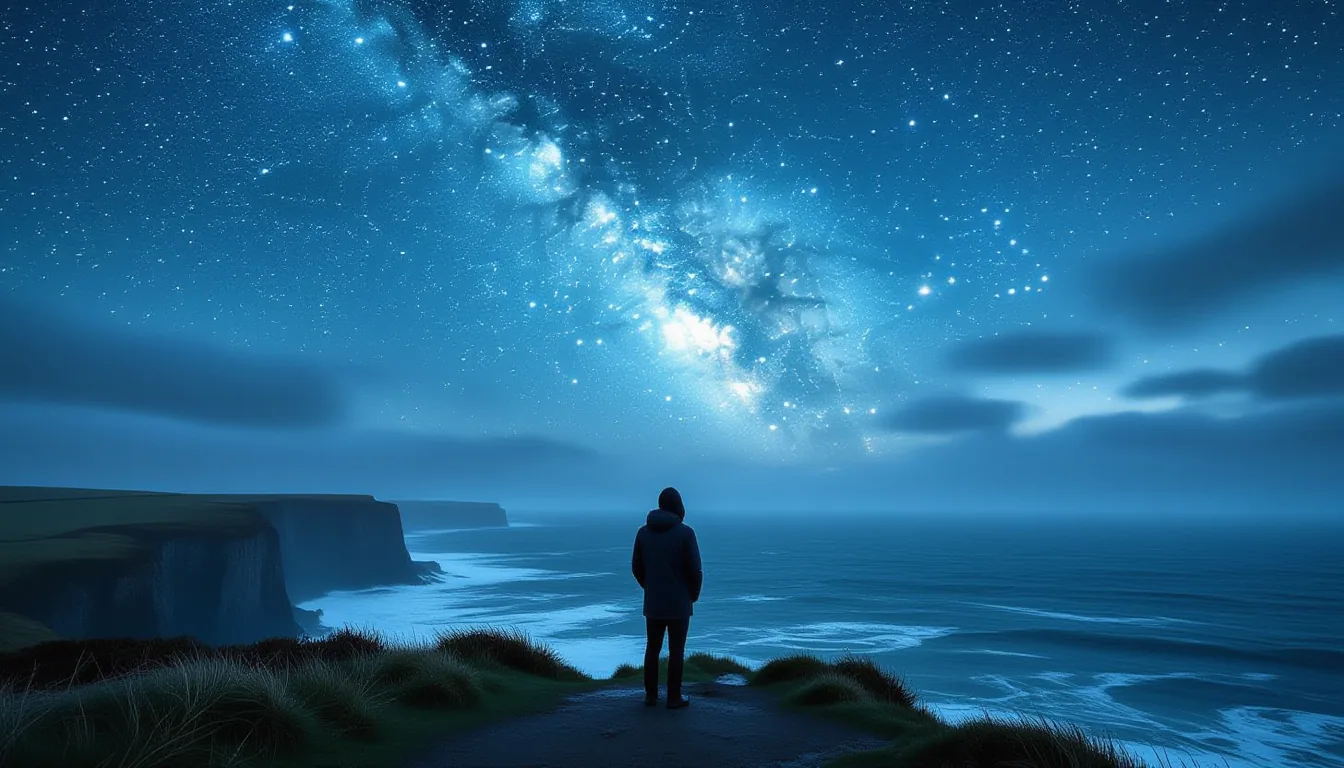 A solitary figure in a dark parka stands on a windswept coastal cliff at blue hour, small against a