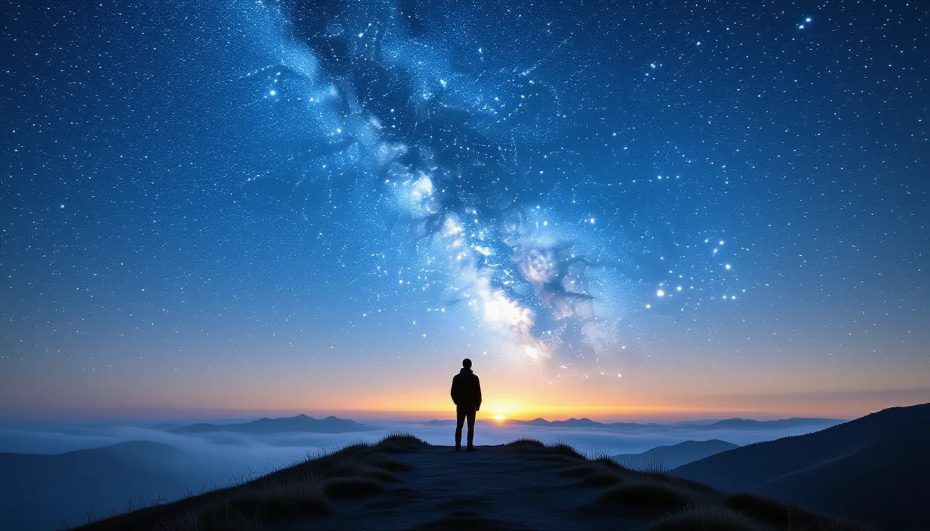 A lone figure stands on a windswept ridge at blue hour, silhouetted against a sky thick with the Mil