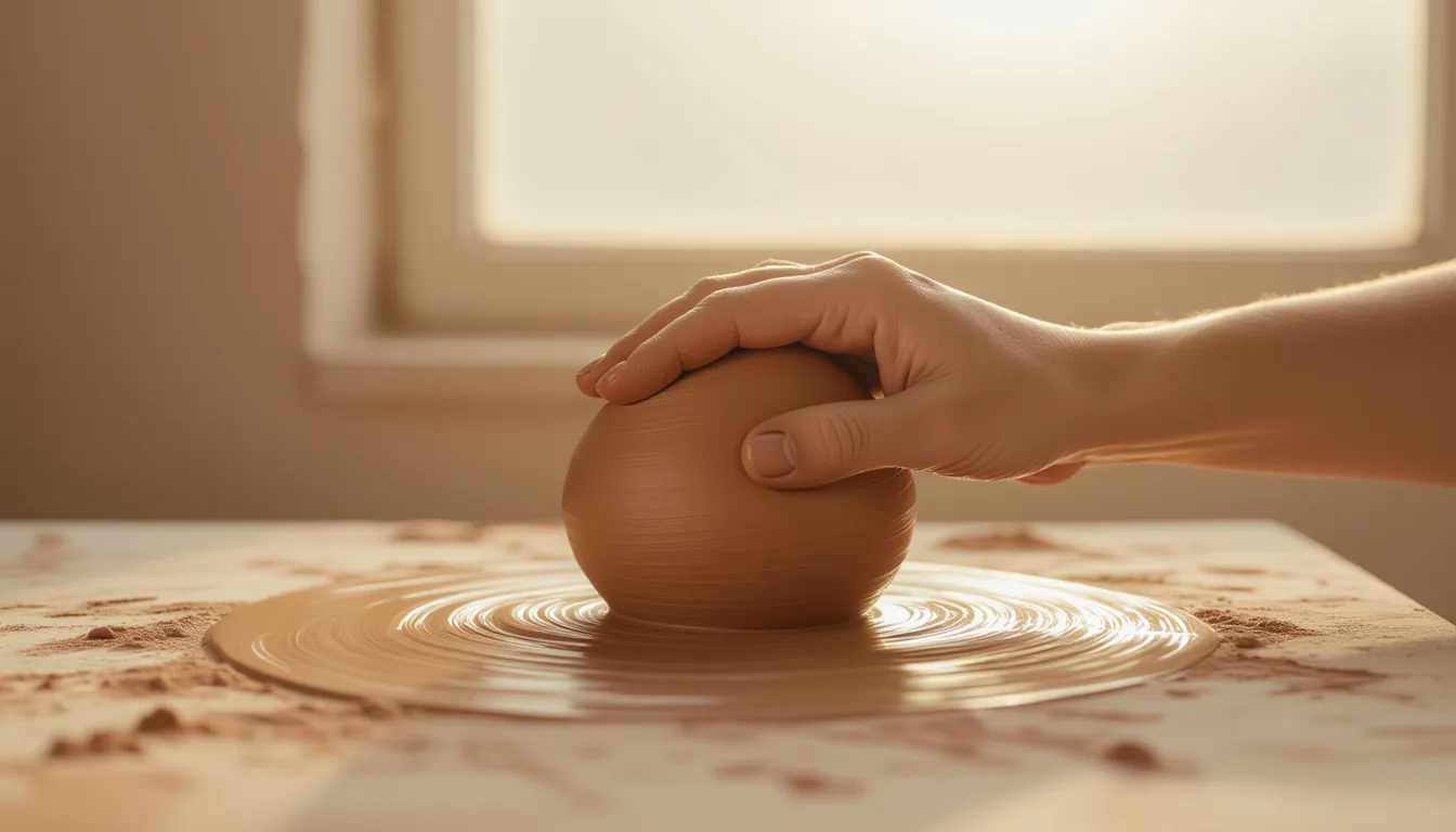 A potter’s thumb gently compresses a lump of raw terracotta, slowly coaxing its form with deliberate