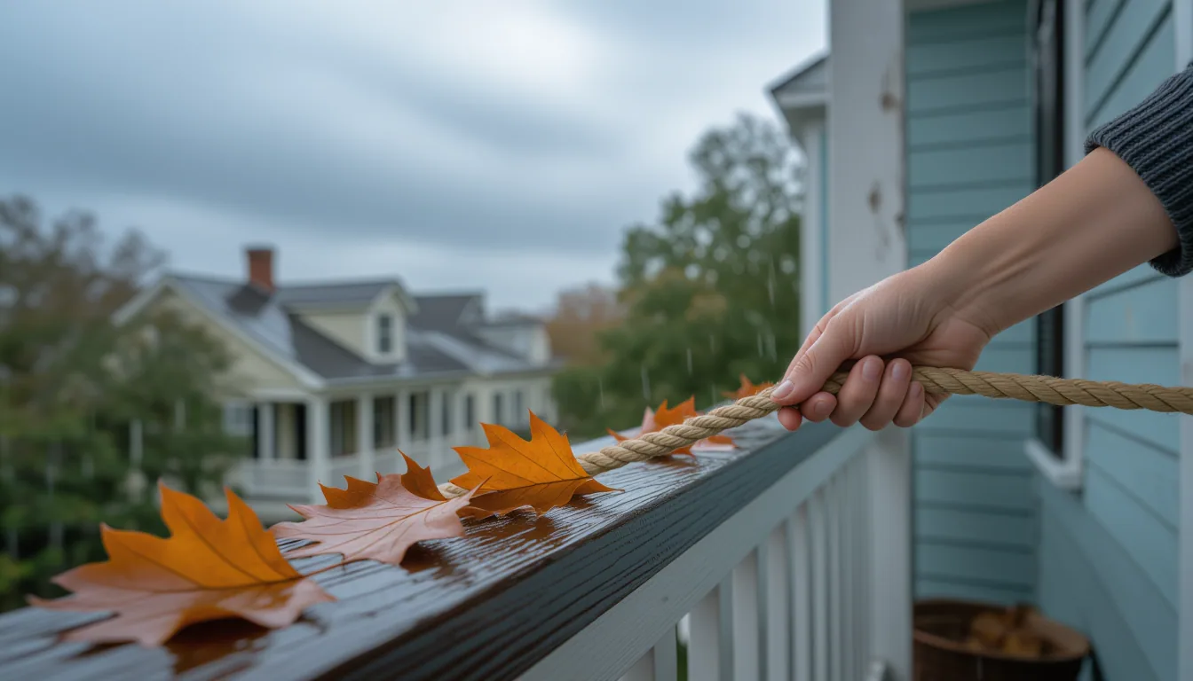 Rain-slicked oak leaves scatter across a weathered porch railing; a hand grips a frayed hemp rope, k