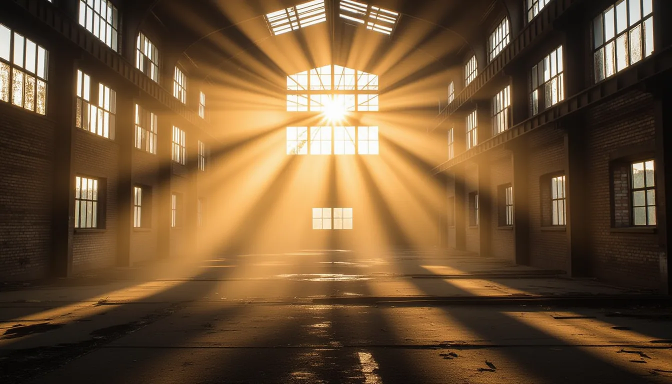 Golden-hour shafts cut through thick summer fog in an abandoned factory, illuminating dust motes dan