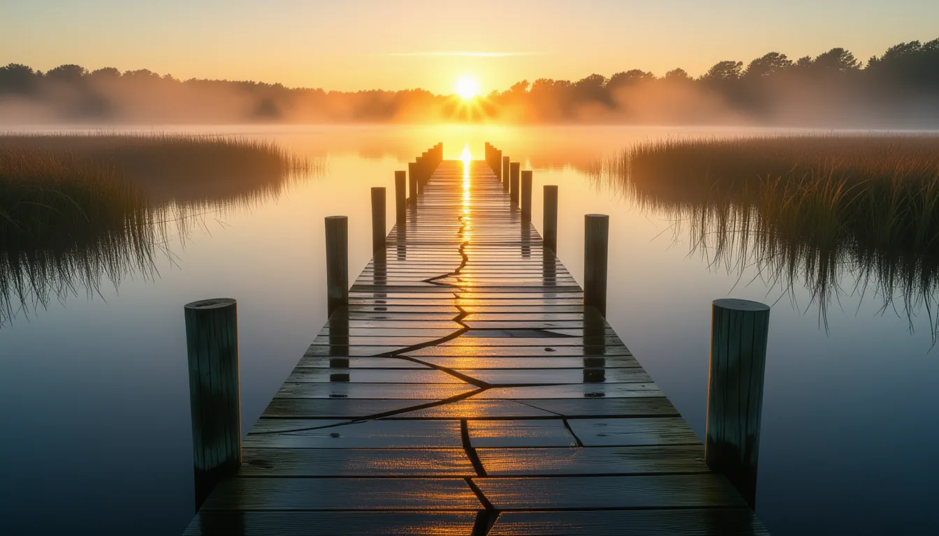 Golden-hour prisms fracture through coastal marsh fog, casting long amber shafts across a weathered