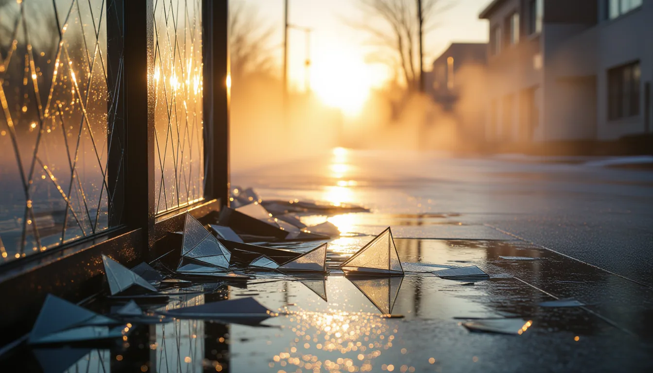 Golden-hour sunlight slants through shattered glass, casting long fractured shadows across wet pavem