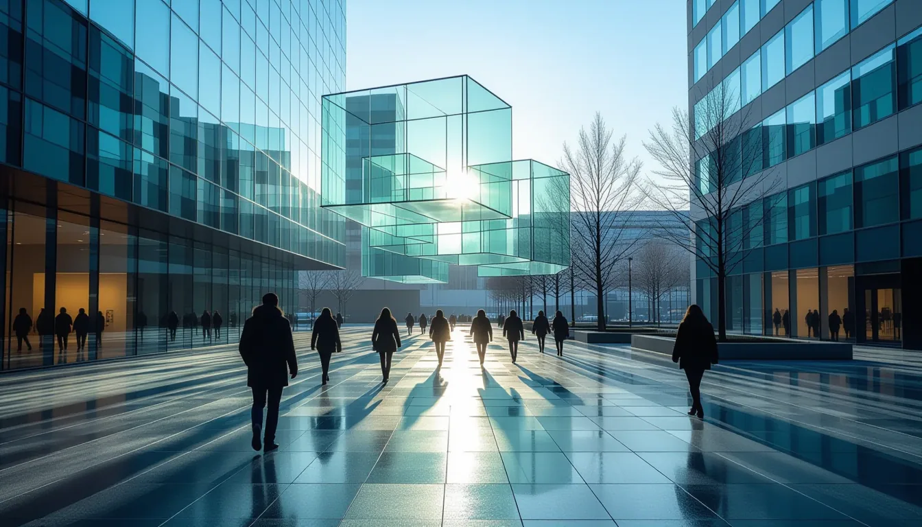 Translucent glass panels float mid-air above a concrete plaza, backlit by low winter sun casting sha