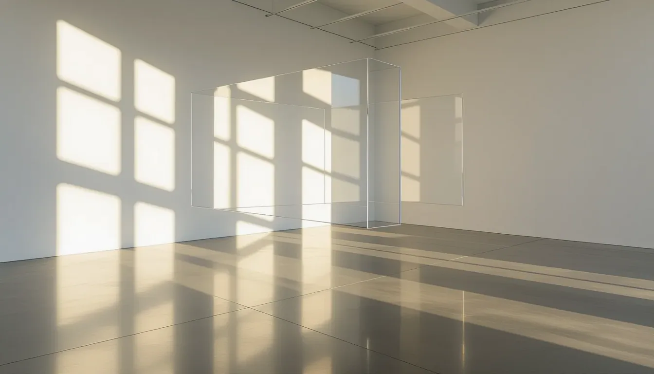Layered translucent acrylic planes suspended mid-air in an empty gallery, backlit by late-afternoon