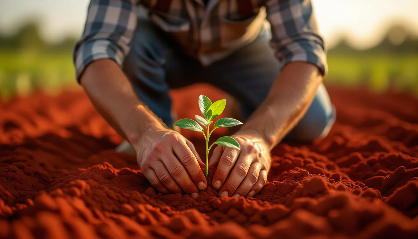 A farmer's calloused hands press a seedling into red clay soil at golden hour, shoulders hunched und