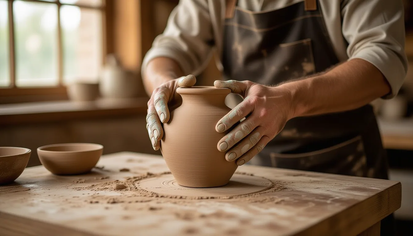 A pair of calloused, clay-stained hands gently coaxing a misshapen clay pot back into shape on a woo