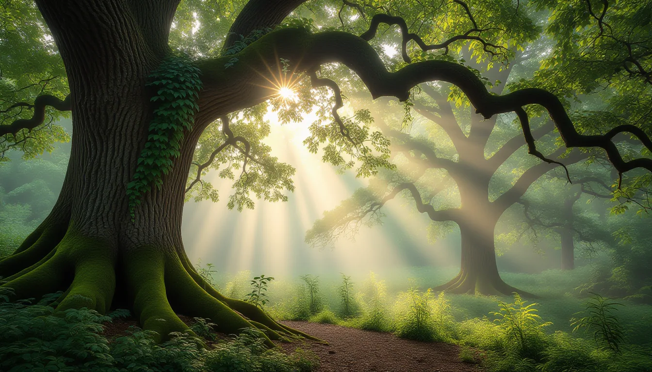 Morning mist hangs between the trunks of an ancient oak forest; a thick vine curls around a mossy st