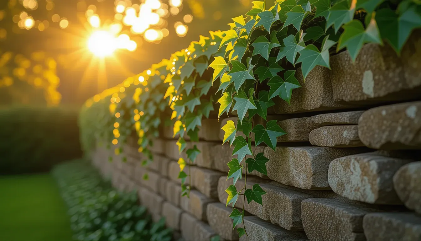 A weathered stone garden wall where thick ivy creeps downward in slow, deliberate waves, its leaves
