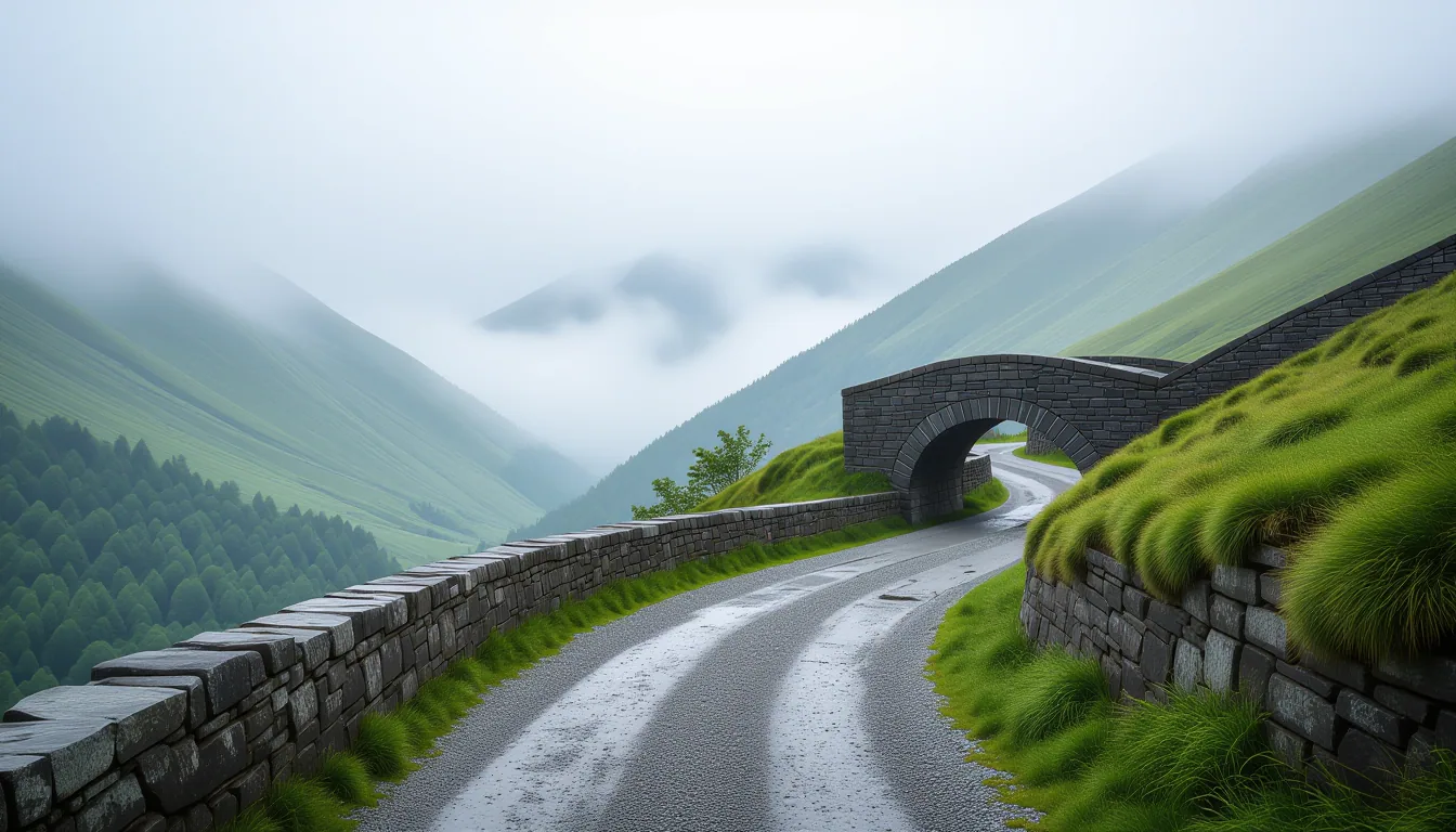 A worn gravel path winds up a misty mountain pass toward a weathered stone bridge arching over a dee