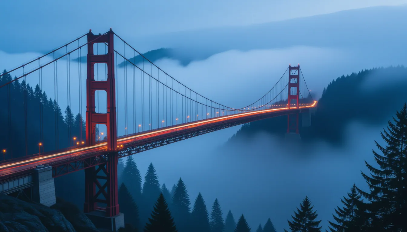 A weathered suspension bridge sways across a mist-choked mountain gorge at blue hour, its rusted cab