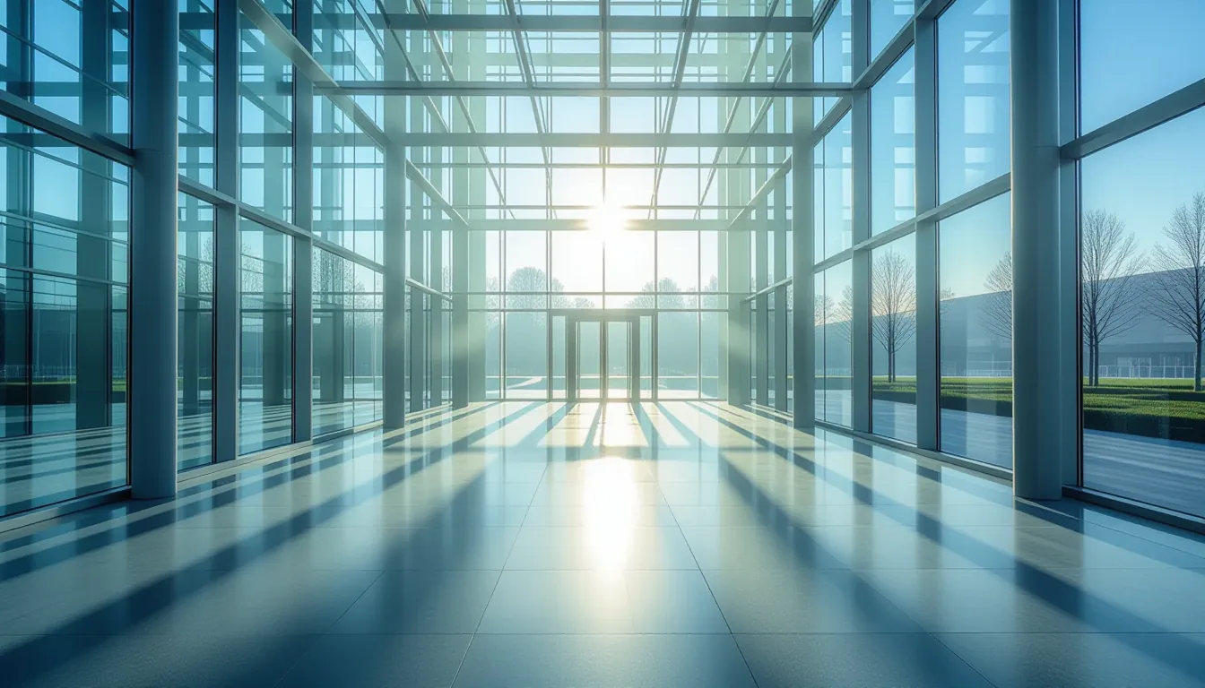 Morning fog lifts over a glass-and-steel atrium where overlapping translucent acrylic panels catch s