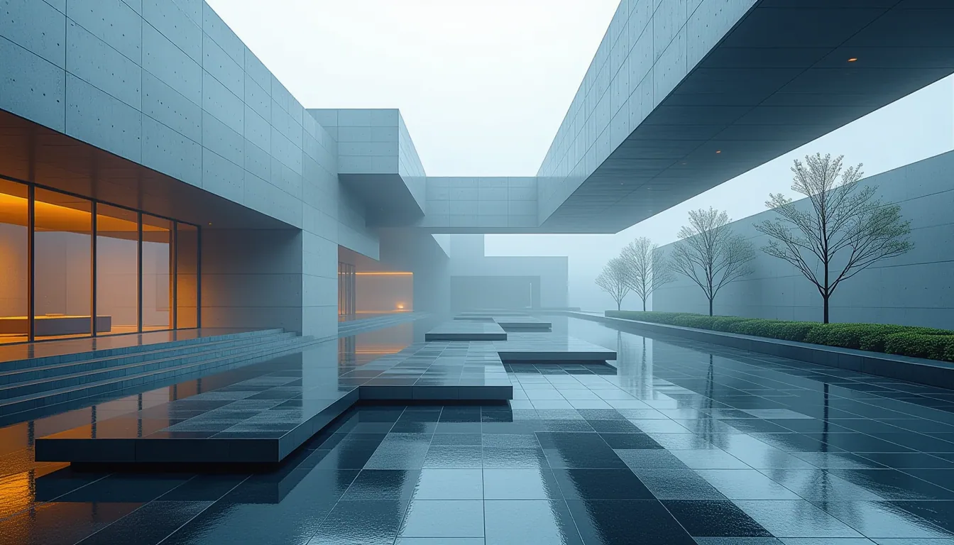 Overcast diffused light sculpts a concrete plaza where layered translucent planes float above interl