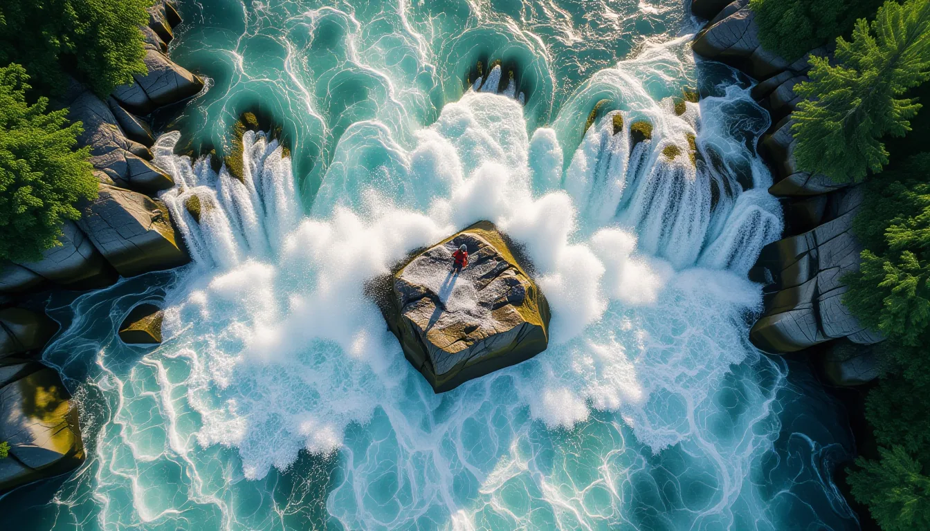 Aerial drone shot of a river's turbulent white-water rapids churning around a submerged boulder, sho