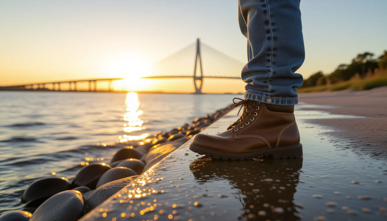 Golden-hour light glints off the slow-moving Cooper River near the Charleston bridge; shallow depth