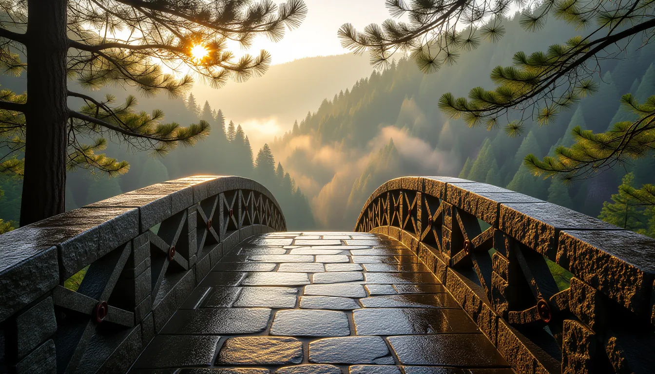 Misty morning on a stone footbridge spanning a deep ravine; golden-hour light slants through pine br