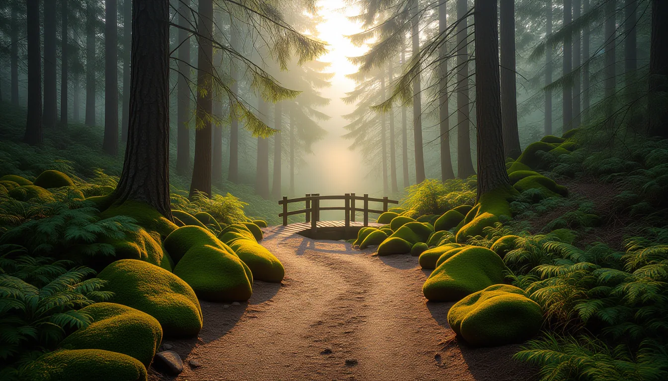 A winding dirt trail winds through dense pine forest, flanked by moss-covered stones, leading toward