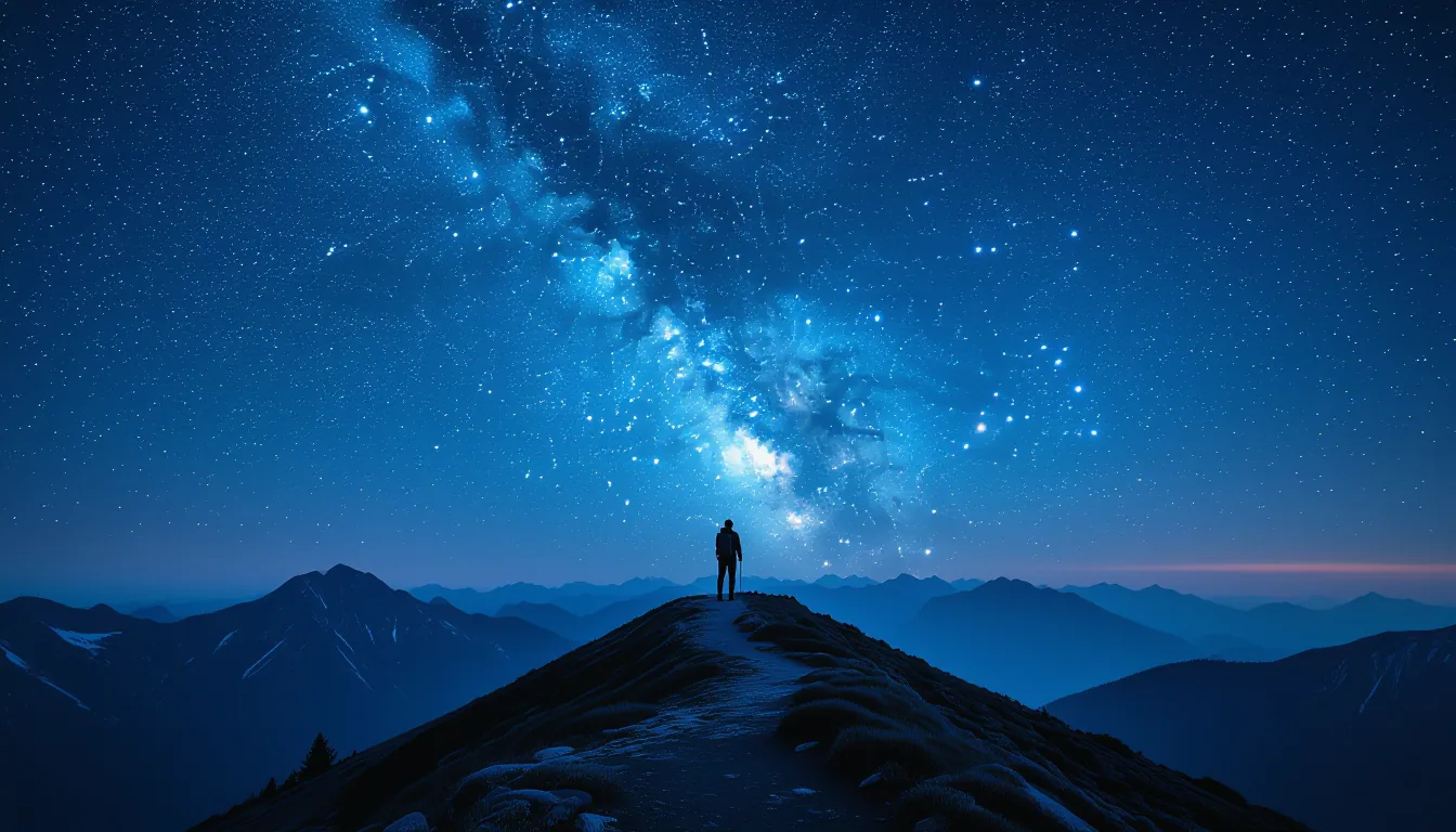 A lone hiker stands silhouetted on a wind-scoured alpine ridge at twilight, backlit by the cold blue