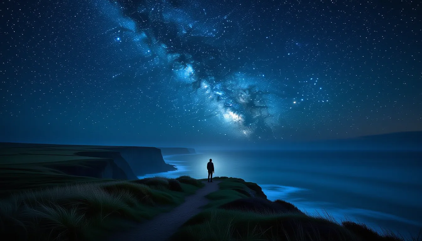 A lone figure stands on a windswept coastal bluff at night, backlit by the Milky Way’s arc over the