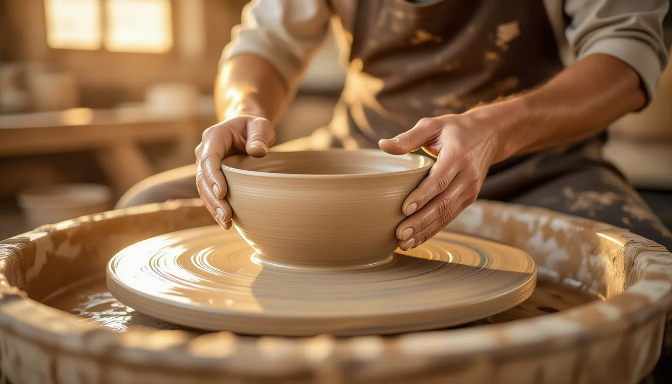 Golden-hour light spilling across a potter's wet clay wheel as two hands press and pull the spinning
