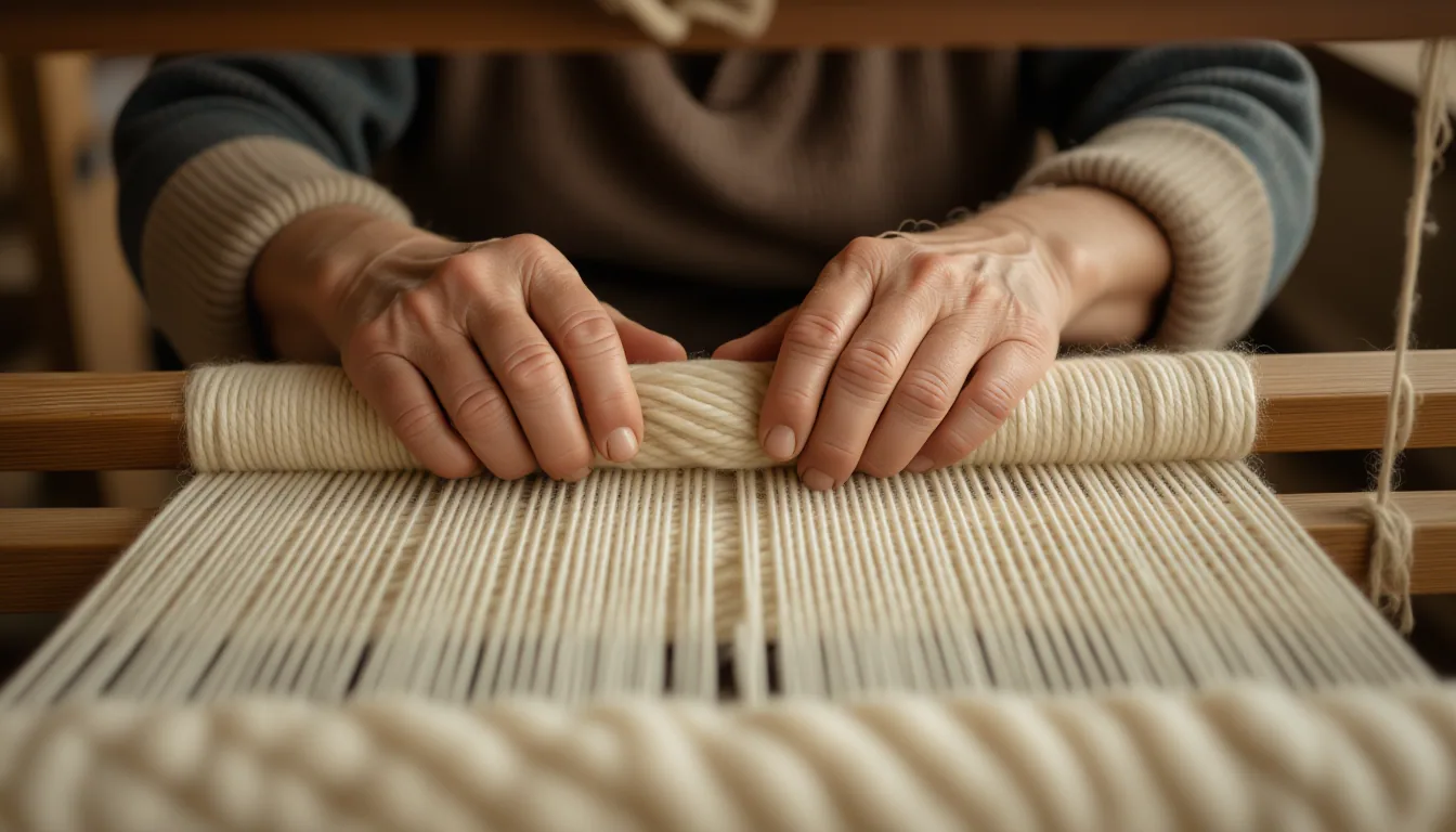 Overcast diffused light on a weaver’s calloused hands guiding thick wool through a wooden loom, thre