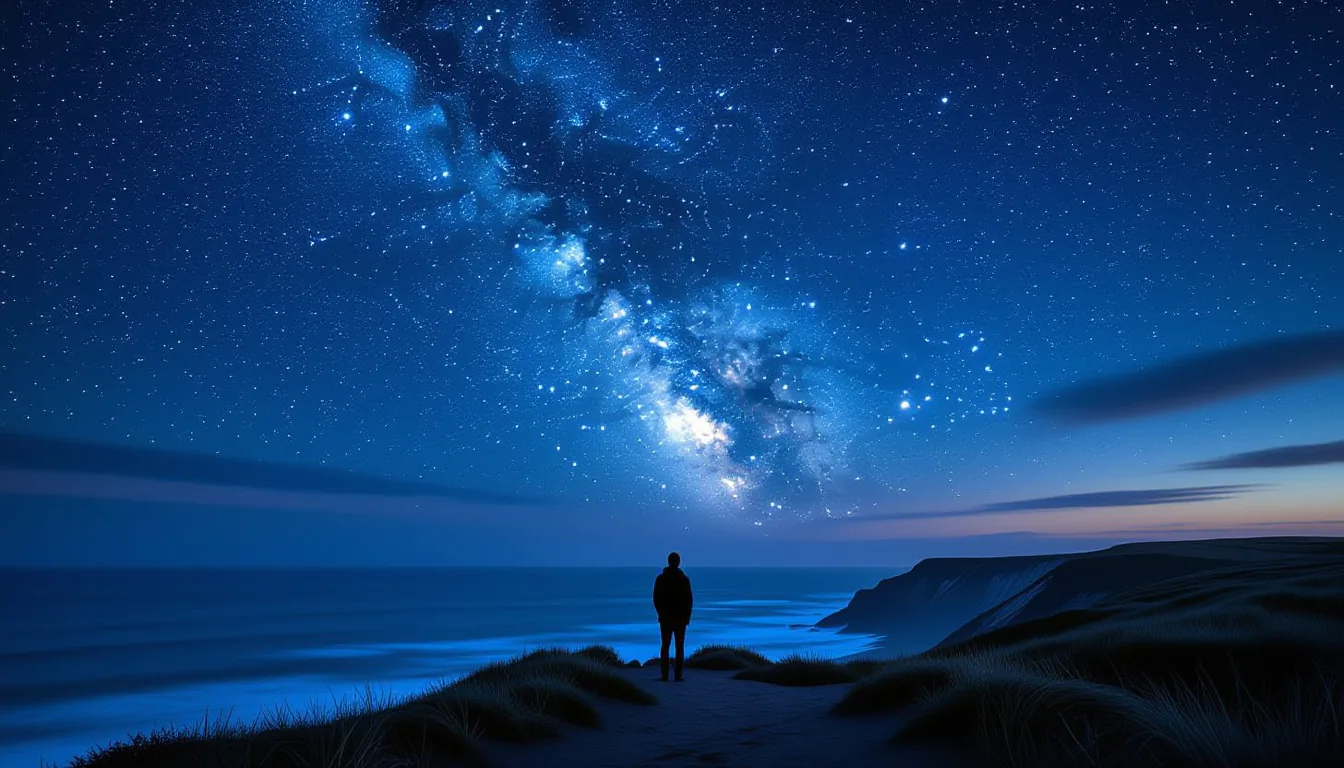 A lone figure stands on a windswept coastal bluff at twilight, backlit by the deep indigo sky where