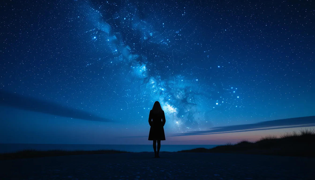 A lone woman in a black coat stands on a gravel bluff beneath a vast, star-filled sky; her silhouett