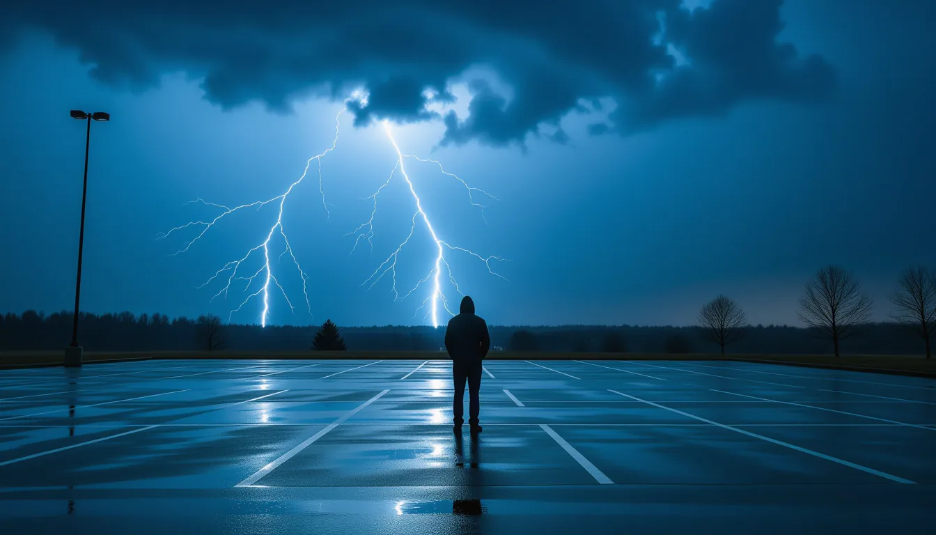 A lone figure in a rain-slicked parking lot stands beneath a stormy sky, silhouetted by distant ligh