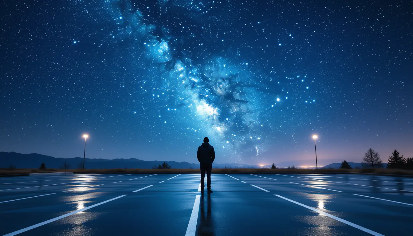 A lone figure in a rain-slicked parking lot stands small against the vast, star-choked sky of the Mi