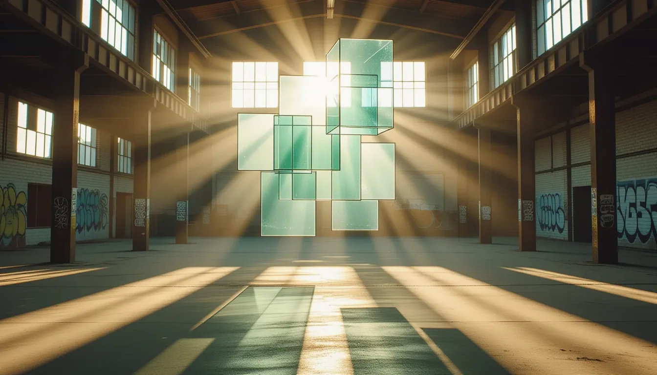 Sunlight slices through stacked translucent glass layers suspended mid-air in an abandoned warehouse