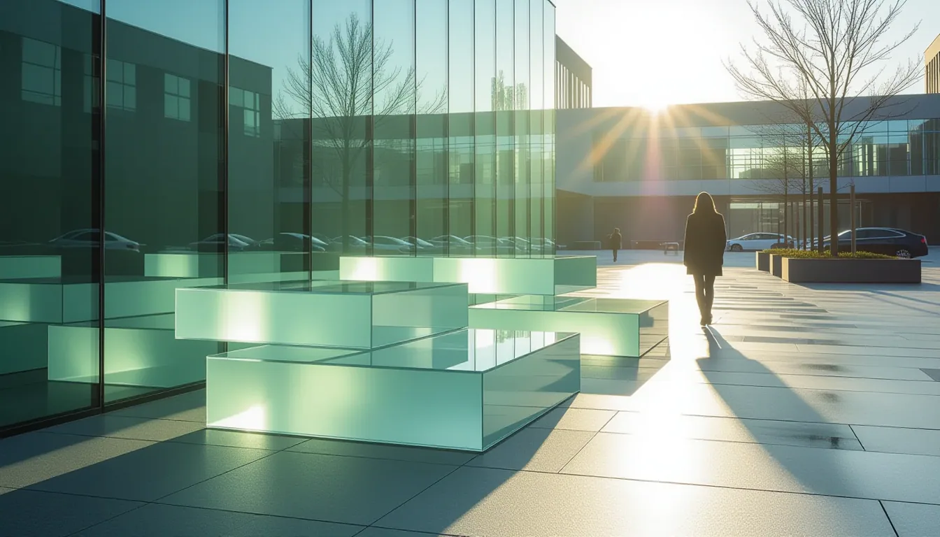 Stacked frosted glass platforms tilt at precise angles under hard afternoon sun, their sharp geometr